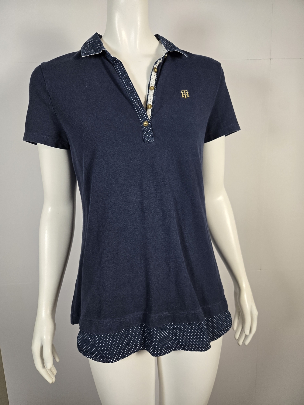 Tommy Hilfiger Navy Short-Sleeve Polo Blouse with Polka Trim